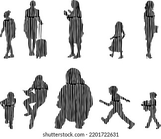 Vector silhouettes, Outline silhouettes of people, Contour drawing, people silhouette, Icon Set Isolated, Silhouette of sitting people, Architectural set	
