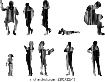 Siluetas vectoriales, Siluetas de contorno de personas, Dibujo de contorno, silueta de personas, Conjunto de iconos aislados, Silueta de personas sentadas, Conjunto arquitectónico	
