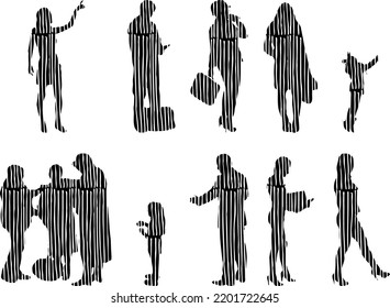 Vektor-Silhouetten, Silhouetten-Linien, Konturzeichnungen, Silhouette-Leute, Symbolsatz isoliert, Silhouette sitzender Menschen, Architekturset	
