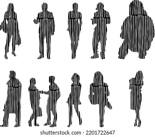 Vector silhouettes, Outline silhouettes of people, Contour drawing, people silhouette, Icon Set Isolated, Silhouette of sitting people, Architectural set	
