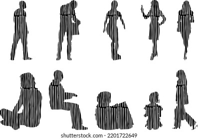 Vector silhouettes, Outline silhouettes of people, Contour drawing, people silhouette, Icon Set Isolated, Silhouette of sitting people, Architectural set	
