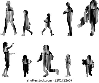 Siluetas vectoriales, Siluetas de contorno de personas, Dibujo de contorno, silueta de personas, Conjunto de iconos aislados, Silueta de personas sentadas, Conjunto arquitectónico	
