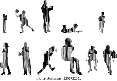 Vector silhouettes, Outline silhouettes of people, Contour drawing, people silhouette, Icon Set Isolated, Silhouette of sitting people, Architectural set	
