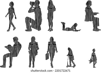 Vector silhouettes, Outline silhouettes of people, Contour drawing, people silhouette, Icon Set Isolated, Silhouette of sitting people, Architectural set	
