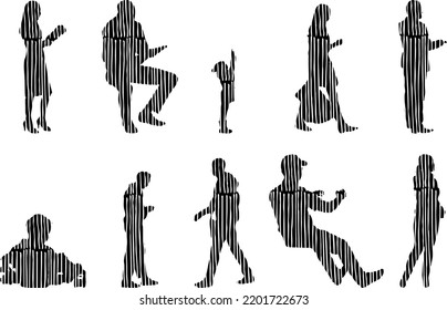 Siluetas vectoriales, Siluetas de contorno de personas, Dibujo de contorno, silueta de personas, Conjunto de iconos aislados, Silueta de personas sentadas, Conjunto arquitectónico	
