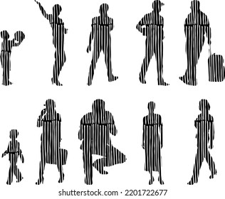 Vector silhouettes, Outline silhouettes of people, Contour drawing, people silhouette, Icon Set Isolated, Silhouette of sitting people, Architectural set	
