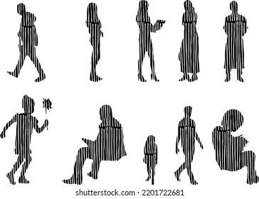 Vector silhouettes, Outline silhouettes of people, Contour drawing, people silhouette, Icon Set Isolated, Silhouette of sitting people, Architectural set	
