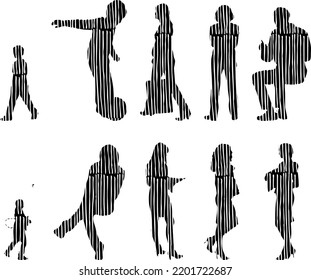 Vector silhouettes, Outline silhouettes of people, Contour drawing, people silhouette, Icon Set Isolated, Silhouette of sitting people, Architectural set	
