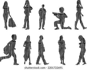 Siluetas vectoriales, Siluetas de contorno de personas, Dibujo de contorno, silueta de personas, Conjunto de iconos aislados, Silueta de personas sentadas, Conjunto arquitectónico	
