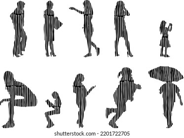Siluetas vectoriales, Siluetas de contorno de personas, Dibujo de contorno, silueta de personas, Conjunto de iconos aislados, Silueta de personas sentadas, Conjunto arquitectónico	
