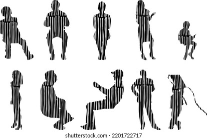 Siluetas vectoriales, Siluetas de contorno de personas, Dibujo de contorno, silueta de personas, Conjunto de iconos aislados, Silueta de personas sentadas, Conjunto arquitectónico	
