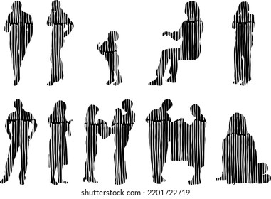 Vector silhouettes, Outline silhouettes of people, Contour drawing, people silhouette, Icon Set Isolated, Silhouette of sitting people, Architectural set	
