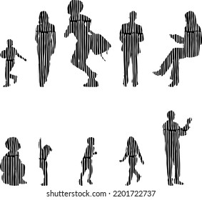 Vector silhouettes, Outline silhouettes of people, Contour drawing, people silhouette, Icon Set Isolated, Silhouette of sitting people, Architectural set	
