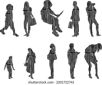 Vektor-Silhouetten, Silhouetten-Linien, Konturzeichnungen, Silhouette-Leute, Symbolsatz isoliert, Silhouette sitzender Menschen, Architekturset	
