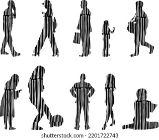 Vector silhouettes, Outline silhouettes of people, Contour drawing, people silhouette, Icon Set Isolated, Silhouette of sitting people, Architectural set	
