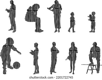 Vector silhouettes, Outline silhouettes of people, Contour drawing, people silhouette, Icon Set Isolated, Silhouette of sitting people, Architectural set	
