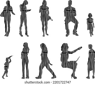 Siluetas vectoriales, Siluetas de contorno de personas, Dibujo de contorno, silueta de personas, Conjunto de iconos aislados, Silueta de personas sentadas, Conjunto arquitectónico	
