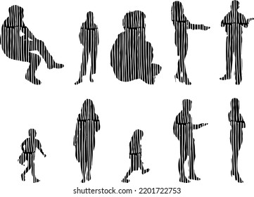 Vector silhouettes, Outline silhouettes of people, Contour drawing, people silhouette, Icon Set Isolated, Silhouette of sitting people, Architectural set	
