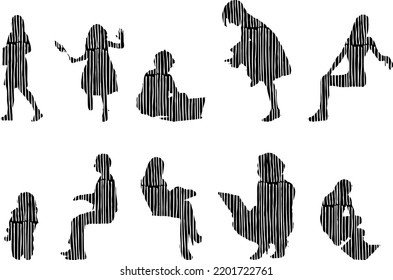 Vector silhouettes, Outline silhouettes of people, Contour drawing, people silhouette, Icon Set Isolated, Silhouette of sitting people, Architectural set	
