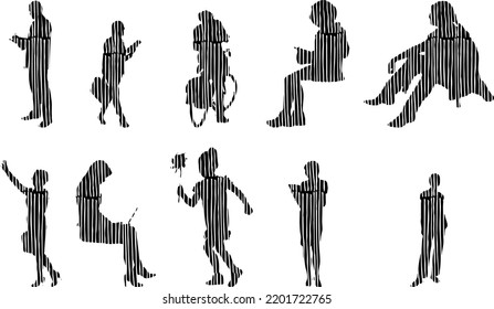 Vector silhouettes, Outline silhouettes of people, Contour drawing, people silhouette, Icon Set Isolated, Silhouette of sitting people, Architectural set	
