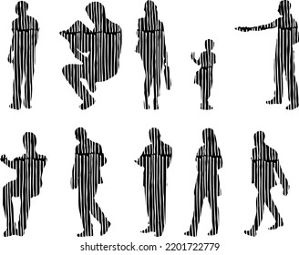 Vector silhouettes, Outline silhouettes of people, Contour drawing, people silhouette, Icon Set Isolated, Silhouette of sitting people, Architectural set	
