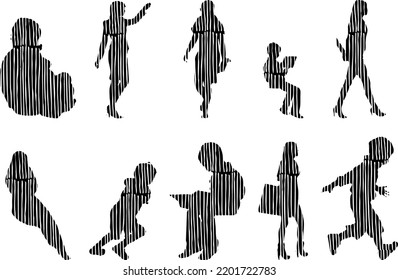 Vector silhouettes, Outline silhouettes of people, Contour drawing, people silhouette, Icon Set Isolated, Silhouette of sitting people, Architectural set	
