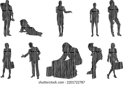 Vector silhouettes, Outline silhouettes of people, Contour drawing, people silhouette, Icon Set Isolated, Silhouette of sitting people, Architectural set	
