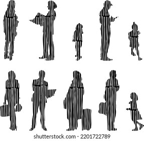 Vektor-Silhouetten, Silhouetten-Linien, Konturzeichnungen, Silhouette-Leute, Symbolsatz isoliert, Silhouette sitzender Menschen, Architekturset	
