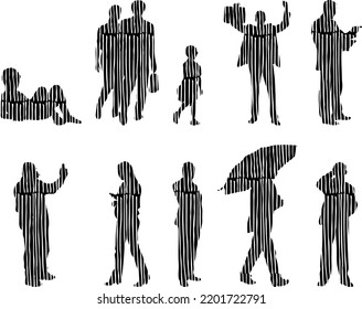 Vector silhouettes, Outline silhouettes of people, Contour drawing, people silhouette, Icon Set Isolated, Silhouette of sitting people, Architectural set	
