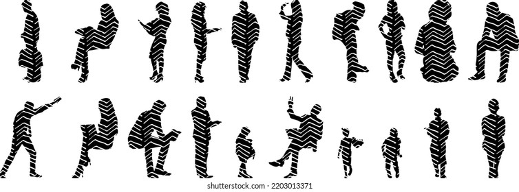 Vector silhouettes, Outline silhouettes of people, Contour drawing, people silhouette, Icon Set Isolated, Silhouette of sitting people, Architectural set	
