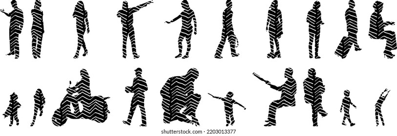 Siluetas vectoriales, Siluetas de contorno de personas, Dibujo de contorno, silueta de personas, Conjunto de iconos aislados, Silueta de personas sentadas, Conjunto arquitectónico	
