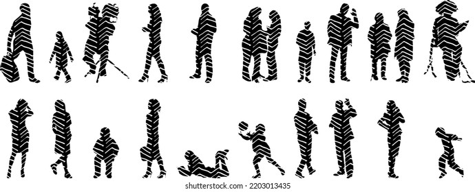 Vector silhouettes, Outline silhouettes of people, Contour drawing, people silhouette, Icon Set Isolated, Silhouette of sitting people, Architectural set	

