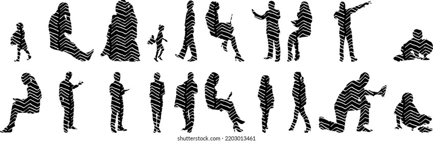 Vector silhouettes, Outline silhouettes of people, Contour drawing, people silhouette, Icon Set Isolated, Silhouette of sitting people, Architectural set	
