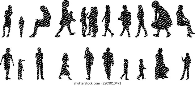 Vector silhouettes, Outline  of people, Contour drawing, people silhouette, Icon Set Isolated, Silhouette of sitting people, Architectural set	
