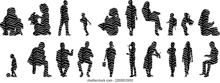 Vector silhouettes, Outline silhouettes of people, Contour drawing, people silhouette, Icon Set Isolated, Silhouette of sitting people, Architectural set	
