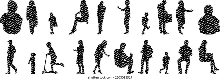 Vector silhouettes, Outline silhouettes of people, Contour drawing, people silhouette, Icon Set Isolated, Silhouette of sitting people, Architectural set	
