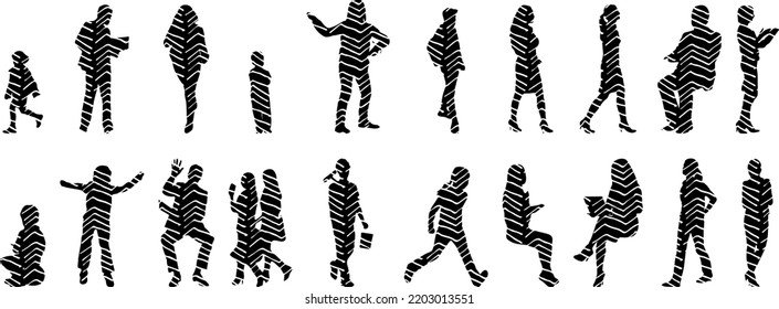 Vector silhouettes, Outline silhouettes of people, Contour drawing, people silhouette, Icon Set Isolated, Silhouette of sitting people, Architectural set	
