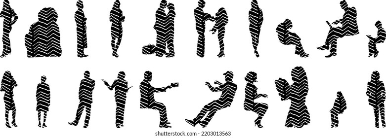 Vector silhouettes, Outline silhouettes of people, Contour drawing, people silhouette, Icon Set Isolated, Silhouette of sitting people, Architectural set	
