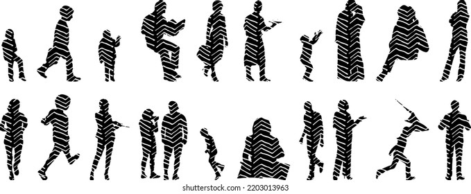 Vector silhouettes, Outline  of people, Contour drawing, people silhouette, Icon Set Isolated, Silhouette of sitting people, Architectural set	
