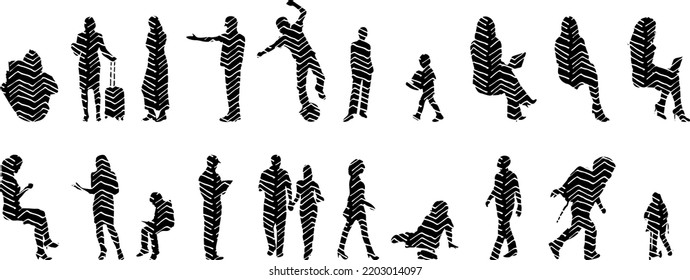 Vector silhouettes, Outline  of people, Contour drawing, people silhouette, Icon Set Isolated, Silhouette of sitting people, Architectural set	
