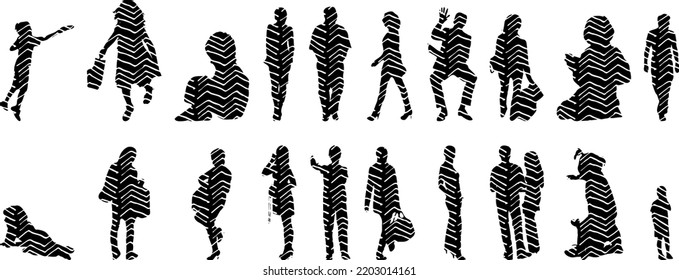 Vector silhouettes, Outline  of people, Contour drawing, people silhouette, Icon Set Isolated, Silhouette of sitting people, Architectural set	
