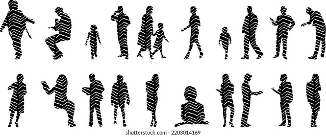 Vector silhouettes, Outline  of people, Contour drawing, people silhouette, Icon Set Isolated, Silhouette of sitting people, Architectural set	
