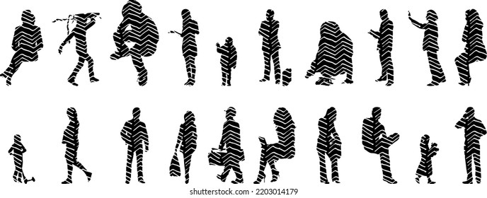 Vector silhouettes, Outline  of people, Contour drawing, people silhouette, Icon Set Isolated, Silhouette of sitting people, Architectural set	
