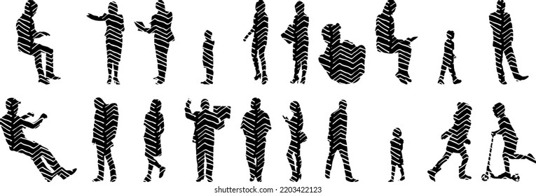 Vector silhouettes, Outline  of people, Contour drawing, people silhouette, Icon Set Isolated, Silhouette of sitting people, Architectural set	
