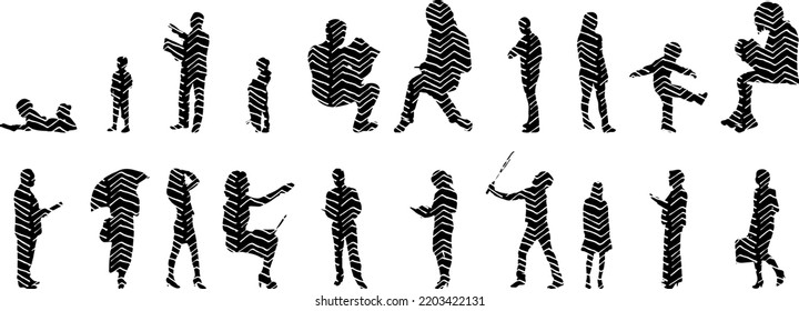Vector silhouettes, Outline  of people, Contour drawing, people silhouette, Icon Set Isolated, Silhouette of sitting people, Architectural set	
