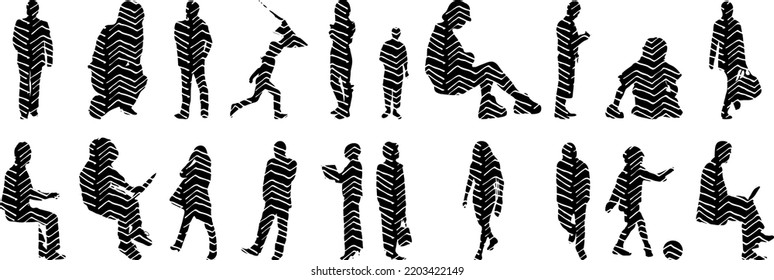 Siluetas vectoriales, Contorno de personas, Dibujo de contorno, silueta de personas, Conjunto de iconos aislados, Silueta de personas sentadas, Conjunto arquitectónico	
