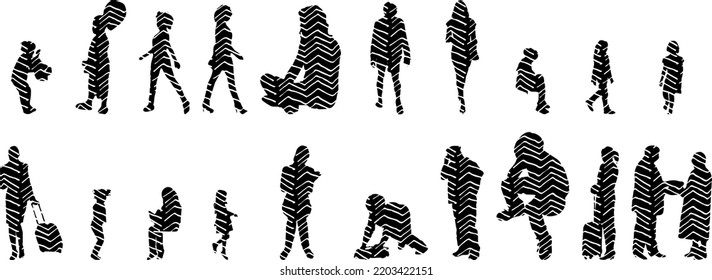 Vektorsilhouettes, Personenübersicht, Konturzeichnung, Silhouette, Intensilhouette, Icon Set einzeln, Silhouette sitzender Personen, Architekturset	
