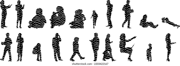 Vector silhouettes, Outline  of people, Contour drawing, people silhouette, Icon Set Isolated, Silhouette of sitting people, Architectural set	
