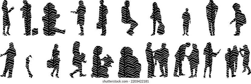 Vector silhouettes, Outline  of people, Contour drawing, people silhouette, Icon Set Isolated, Silhouette of sitting people, Architectural set	
