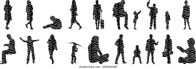 Vector silhouettes, Outline  of people, Contour drawing, people silhouette, Icon Set Isolated, Silhouette of sitting people, Architectural set	
